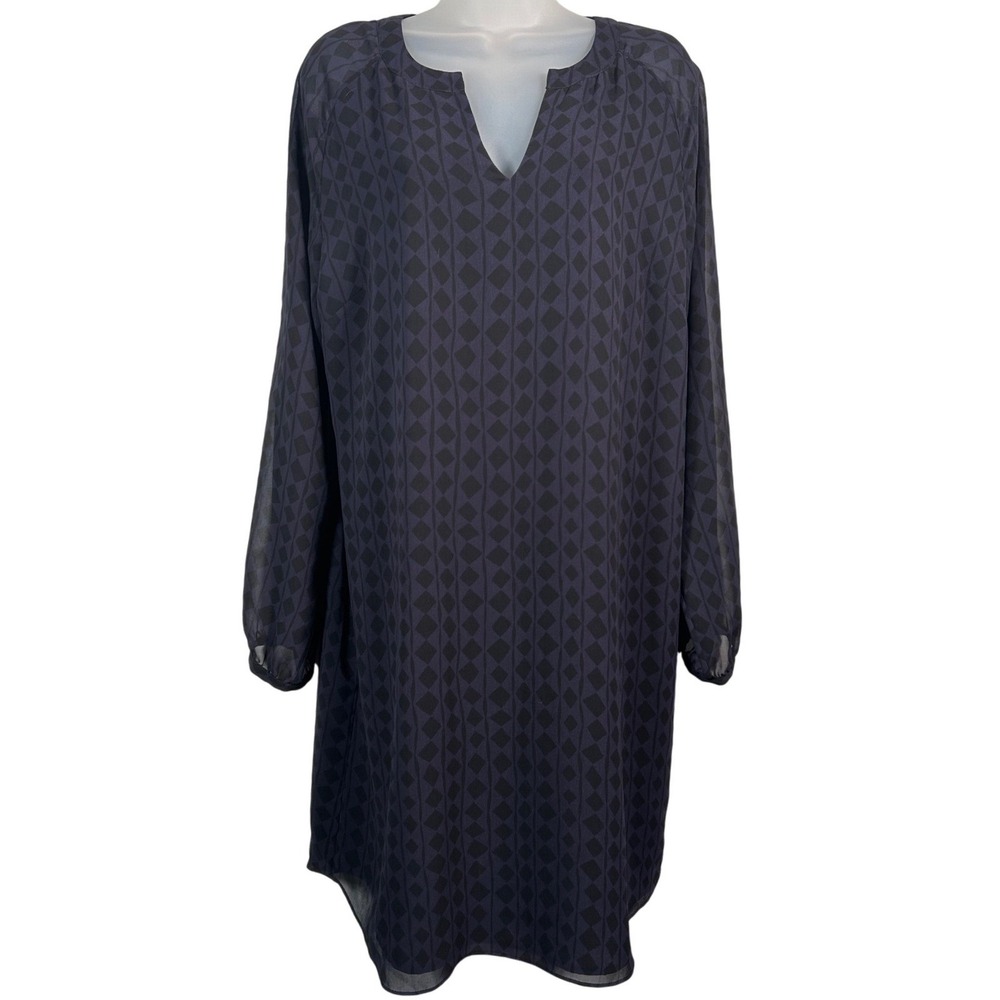 Cabi Harlequin Chiffon Dress Black Purple Long Sleeve Shift Knee Length Medium